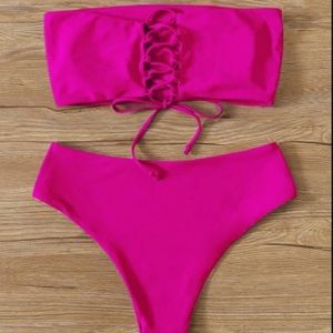 Hot pink, tie back, bandeau top bikini set